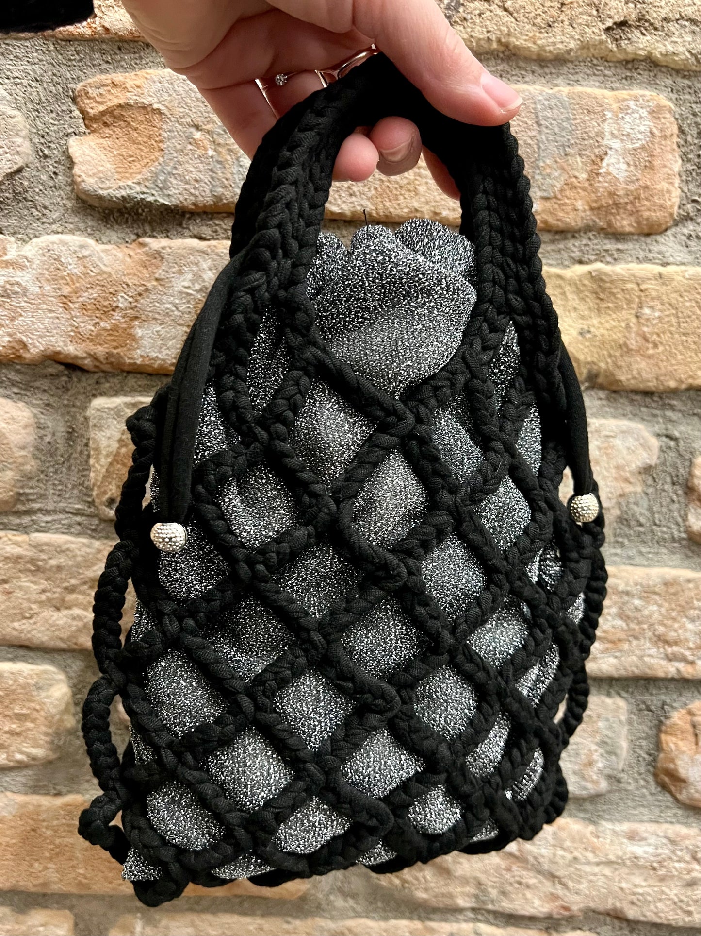 Crochet bag nera con bustina in lurex argento 🖤🩶